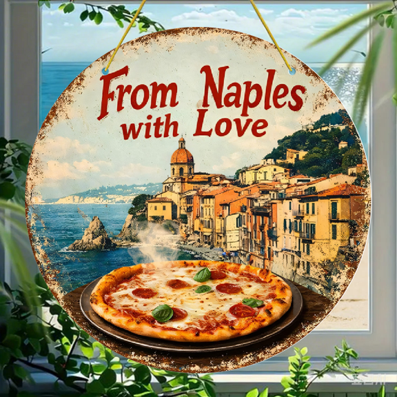 Acrylic Round Hanging Ornament, Naples Italy Coastal Town Pizza Scene Decor, Durable Acrylic Wall Art 1pc for Home Kitchen or Car Decoration