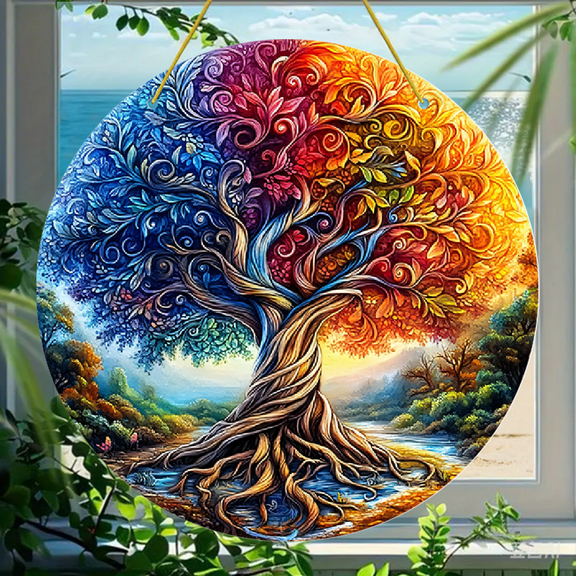Acrylic Round Hanging Ornament, Psychedelic Swirling Tree Art with Colorful Gradient Leaves, Durable Acrylic Material 1 Pack, Decorative Wall Hanging for Home Living Room or Car Interior Decor