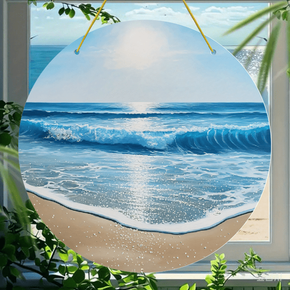 Acrylic Round Hanging Ornament, Serene Ocean Beach Landscape with Sun and Waves, Clear Acrylic Decorative Wall Art for Home Living Room Window and Car Interior 1 Pack