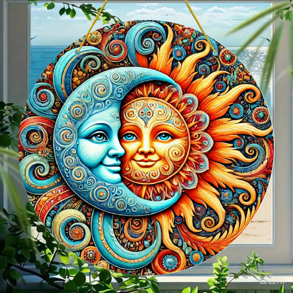 Acrylic Round Hanging Ornament, Sun and Moon Celestial Mandala Art Decor, Vibrant Spiritual Duality Design, Durable Acrylic Material, 1 Pack for Wall Window and Car Decoration