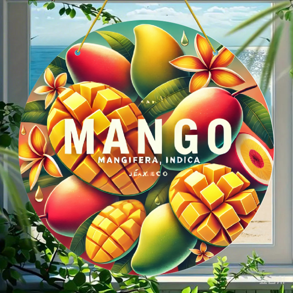 Acrylic Round Hanging Ornament, Vibrant Tropical Mango Fruit Art with Plumeria Flowers Design, Durable Acrylic Decoration 1 Pack for Home Wall Door and Car Window Decor