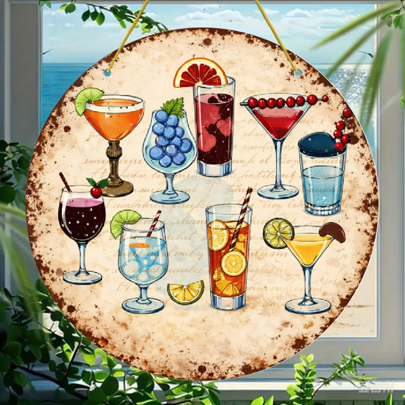 Acrylic Round Hanging Ornament, Vintage Cocktail Menu Art Print, Decorative Acrylic Wall Decor for Home Bar or Kitchen, 1 Pack