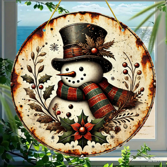Acrylic Round Hanging Ornament, Vintage Rustic Snowman with Holly and Plaid Scarf Design, Decorative Acrylic Sign 1 Pack for Christmas Home Wall and Window Decor