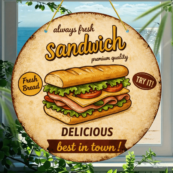Acrylic Round Hanging Ornament, Vintage Sandwich Food Print Decor, Durable Acrylic Material, 1 Pack for Kitchen Dining Room Wall Art Decoration