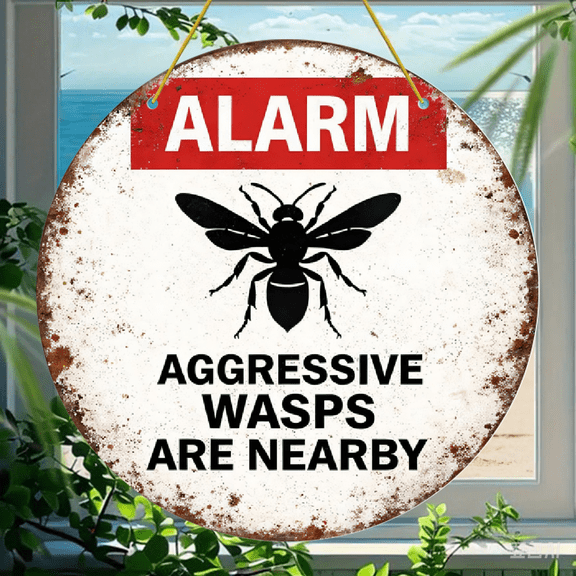 Acrylic Round Hanging Ornament, Vintage Style Wasp Warning Sign Design, Distressed Metal Look, 1pc for Home Wall or Door Decor