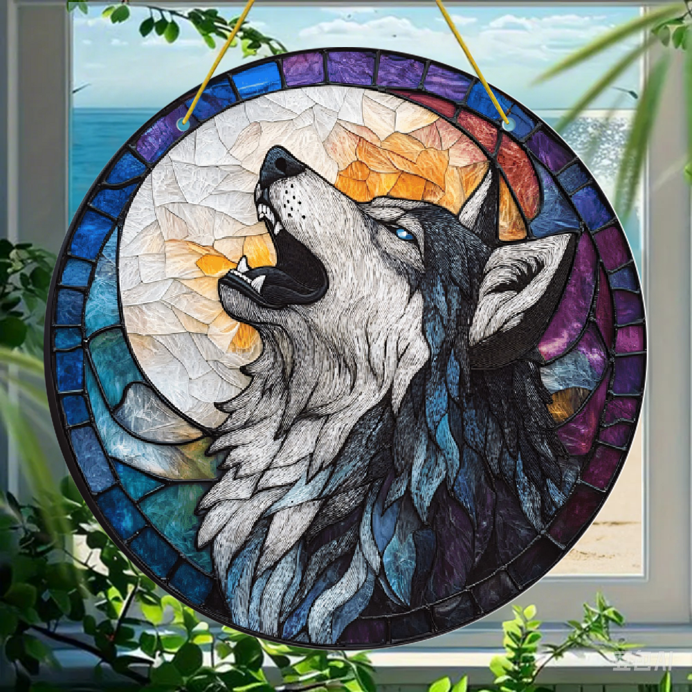 Window Howling Acrylic Round Hanging Ornament Wolf Howling Moon Stained Glass Style 1 ...