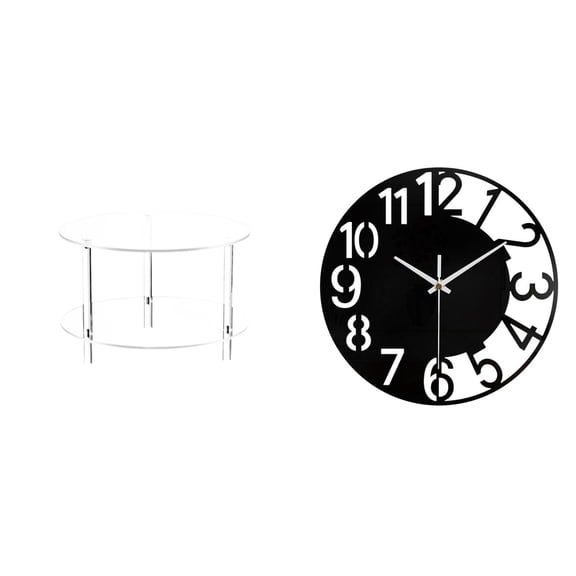 Acrylic Round Side Table End Table Large Wall Clock Set Modern Clear Material for Living Room Bedroom Office