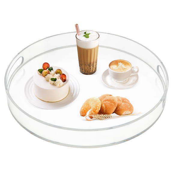 Acrylic Round Tray with Handles, Clear, Spill Proof, 16" Decorative Coffee Table Tray for Kitchen