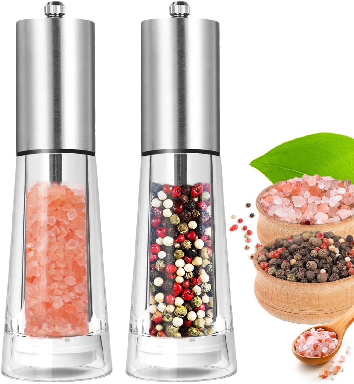 Acrylic Salt and Pepper Grinder Set, Haomacro Refillable Sea Salt Pepper Mill Grinder, 2-Piece Manual Pepper Mills Stainless Steel Spice & Salt Shakers with Adjustable Coarseness