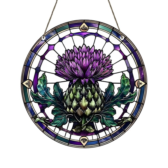 Acrylic Scottish Thistle Stained Glass Style Window Hanging for Home Decor in Purple
