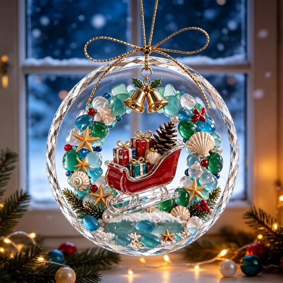 Acrylic Sea Glass Christmas Tree Ornament 3.15in,Beach Themed Hanging Decor for Household Gift
