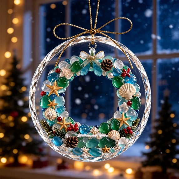 Acrylic Sea Glass Christmas Tree Ornament 3.15in,Beach Themed Hanging Decor for Household Gift