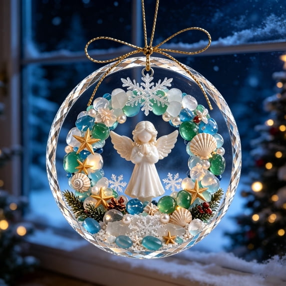 Acrylic Sea Glass Christmas Tree Ornament 3.15in,Beach Themed Hanging Decor for Household Gift