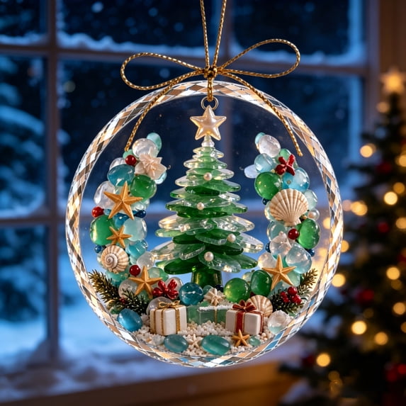 Acrylic Sea Glass Christmas Tree Ornament 3.15in,Beach Themed Hanging Decor for Household Gift