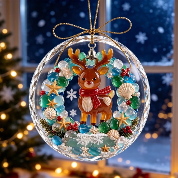 Acrylic Sea Glass Christmas Tree Ornament 3.15in,Beach Themed Hanging Decor for Household Gift