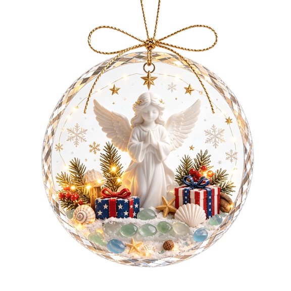 Acrylic Sea Glass Christmas Tree Ornament, 8 cm Round Hanging Pendant with Guardian Angel Centerpiece, Coastal Holiday Tree Decor with Gold Cord Bow