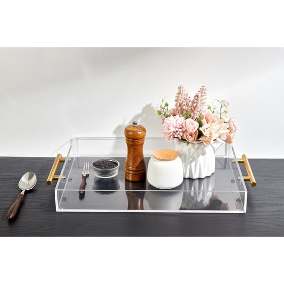 Acrylic Serving Tray 11"x14" with Golden Handles, Coffee Table Tray, Decorative Tray, Kitchen and Desk Organizer, Storage Tray, Clear Serving Tray for Party