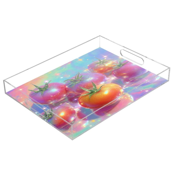 Acrylic Serving Tray 15.7x11.8 Inch Adorable Glowing Tomatoes Anti-Spill Decorative Tray with Handles, Countertop Storage Organizer for Kitchen Dining Restaurant Bathroom