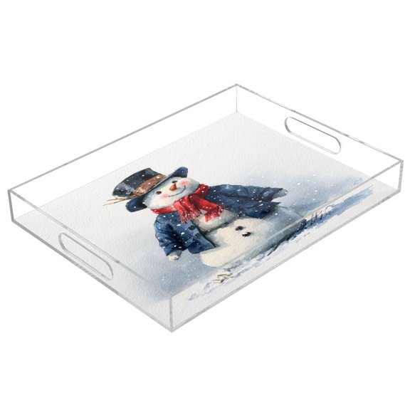 Acrylic Serving Tray 15.7x11.8 Inch Adorable and Happy Snowman Anti-Spill Decorative Tray with Handles, Countertop Storage Organizer for Kitchen Dining Restaurant Bathroom