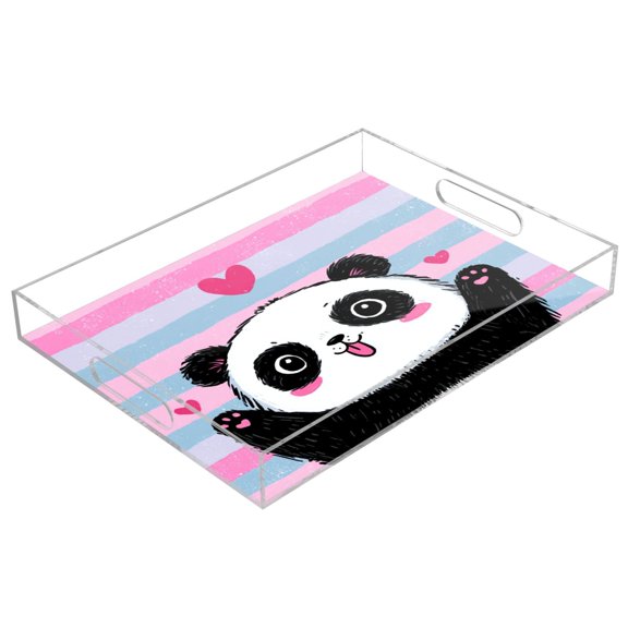 Acrylic Serving Tray 15.7x11.8 Inch Adorable Panda Love Design Anti-Spill Decorative Tray with Handles, Countertop Storage Organizer for Kitchen Dining Restaurant Bathroom
