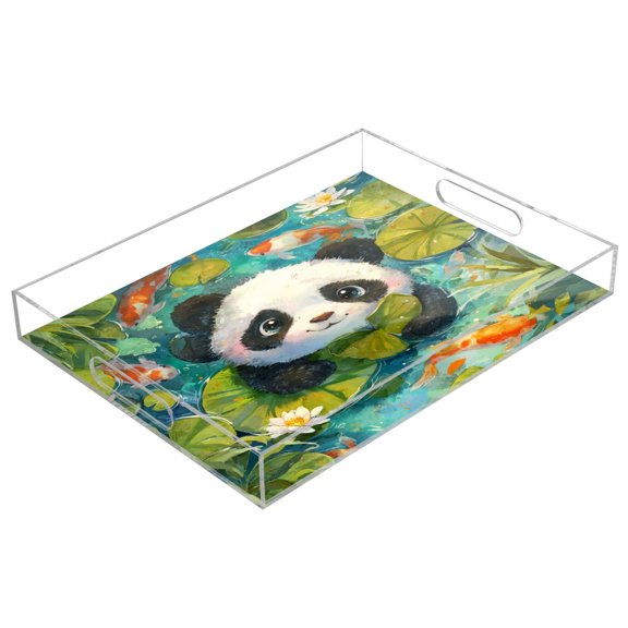 Acrylic Serving Tray 15.7x11.8 Inch Adorable Panda Pattern Anti-Spill Decorative Tray with Handles, Countertop Storage Organizer for Kitchen Dining Restaurant Bathroom