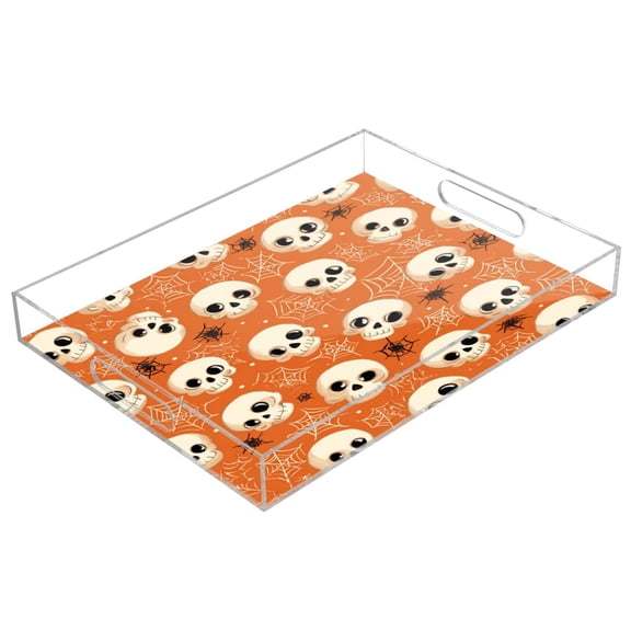 Acrylic Serving Tray 15.7x11.8 Inch Adorable Skulls and Spider Webs Anti-Spill Decorative Tray with Handles, Countertop Storage Organizer for Kitchen Dining Restaurant Bathroom