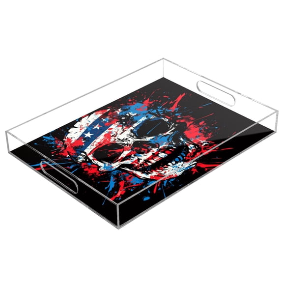 Acrylic Serving Tray 15.7x11.8 Inch American Flag Splatter Skull Anti-Spill Decorative Tray with Handles, Countertop Storage Organizer for Kitchen Dining Restaurant Bathroom