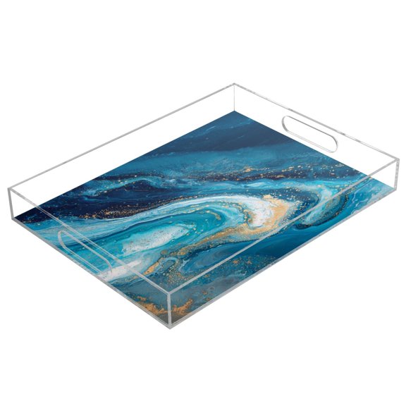 Acrylic Serving Tray 15.7x11.8 Inch Aqua Gilded Waves Anti-Spill Decorative Tray with Handles, Countertop Storage Organizer for Kitchen Dining Restaurant Bathroom