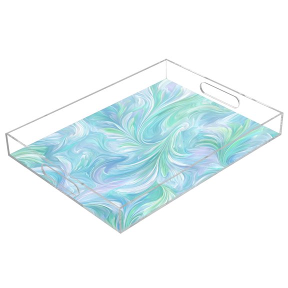 Acrylic Serving Tray 15.7x11.8 Inch Aqua Swirl Feather Design Anti-Spill Decorative Tray with Handles, Countertop Storage Organizer for Kitchen Dining Restaurant Bathroom