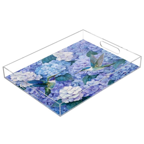 Acrylic Serving Tray 15.7x11.8 Inch Beautiful Blue Hydrangeas Anti-Spill Decorative Tray with Handles, Countertop Storage Organizer for Kitchen Dining Restaurant Bathroom