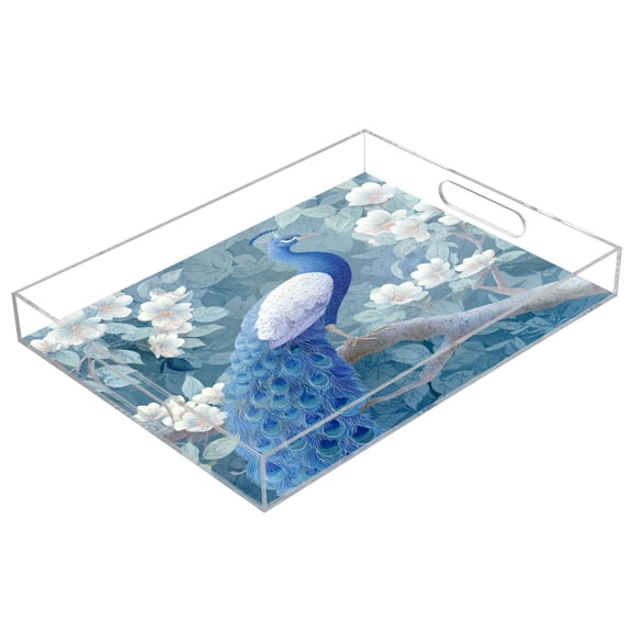 Acrylic Serving Tray 15.7x11.8 Inch Beautiful Blue Peacock Anti-Spill Decorative Tray with Handles, Countertop Storage Organizer for Kitchen Dining Restaurant Bathroom