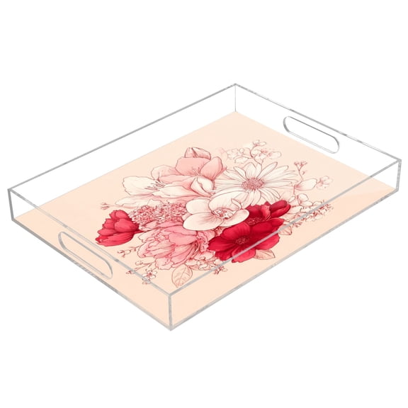 Acrylic Serving Tray 15.7x11.8 Inch Beautiful Hand-painted Bouquet Anti-Spill Decorative Tray with Handles, Countertop Storage Organizer for Kitchen Dining Restaurant Bathroom