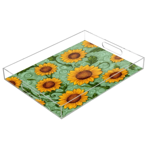 Acrylic Serving Tray 15.7x11.8 Inch Beautiful Hand-painted Sunflowers Anti-Spill Decorative Tray with Handles, Countertop Storage Organizer for Kitchen Dining Restaurant Bathroom