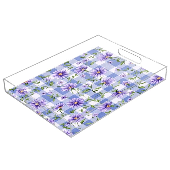 Acrylic Serving Tray 15.7x11.8 Inch Beautiful Lush Purple Daisies Anti-Spill Decorative Tray with Handles, Countertop Storage Organizer for Kitchen Dining Restaurant Bathroom