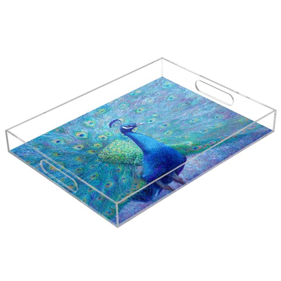 Acrylic Serving Tray 15.7x11.8 Inch Beautiful Majestic Peacock Anti-Spill Decorative Tray with Handles, Countertop Storage Organizer for Kitchen Dining Restaurant Bathroom