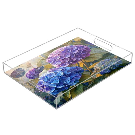Acrylic Serving Tray 15.7x11.8 Inch Beautiful Painting Of Hydrangeas Anti-Spill Decorative Tray with Handles, Countertop Storage Organizer for Kitchen Dining Restaurant Bathroom