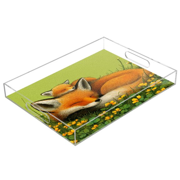 Acrylic Serving Tray 15.7x11.8 Inch Big and Little Fox Anti-Spill Decorative Tray with Handles, Countertop Storage Organizer for Kitchen Dining Restaurant Bathroom