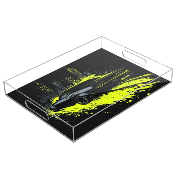 Acrylic Serving Tray 15.7x11.8 Inch Black Car Anti-Spill Decorative Tray with Handles, Countertop Storage Organizer for Kitchen Dining Restaurant Bathroom