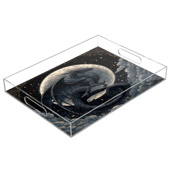 Acrylic Serving Tray 15.7x11.8 Inch Black Devil Dragon Anti-Spill Decorative Tray with Handles, Countertop Storage Organizer for Kitchen Dining Restaurant Bathroom