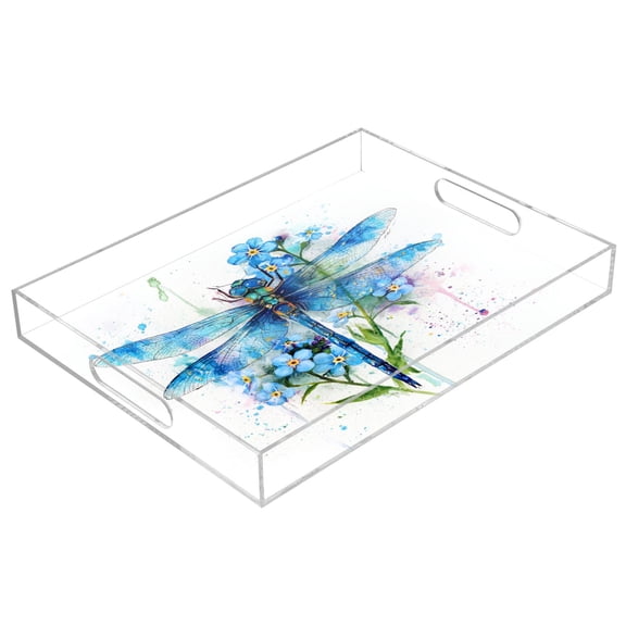Acrylic Serving Tray 15.7x11.8 Inch Blue Dragonfly Floral Art Anti-Spill Decorative Tray with Handles, Countertop Storage Organizer for Kitchen Dining Restaurant Bathroom