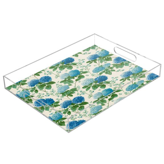 Acrylic Serving Tray 15.7x11.8 Inch Blue Hydrangea Pattern Anti-Spill Decorative Tray with Handles, Countertop Storage Organizer for Kitchen Dining Restaurant Bathroom
