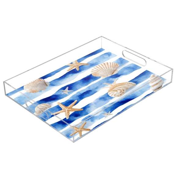 Acrylic Serving Tray 15.7x11.8 Inch Blue Nautical Stripes Pattern Anti-Spill Decorative Tray with Handles, Countertop Storage Organizer for Kitchen Dining Restaurant Bathroom