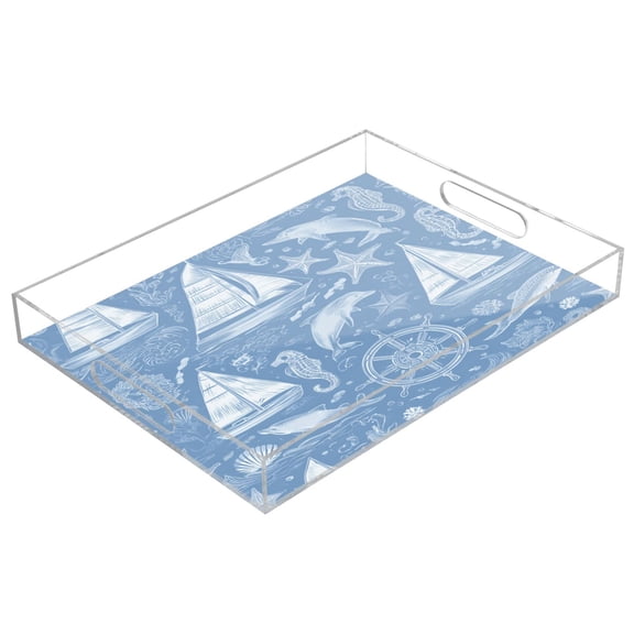 Acrylic Serving Tray 15.7x11.8 Inch Blue Nautical Style Pattern Anti-Spill Decorative Tray with Handles, Countertop Storage Organizer for Kitchen Dining Restaurant Bathroom