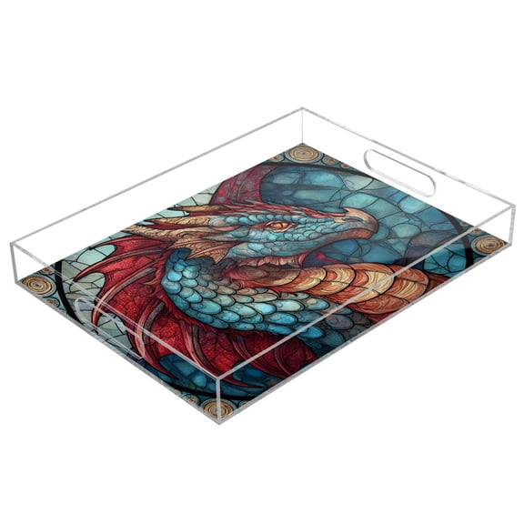 Acrylic Serving Tray 15.7x11.8 Inch The Blue and Red Dragon Anti-Spill Decorative Tray with Handles, Countertop Storage Organizer for Kitchen Dining Restaurant Bathroom