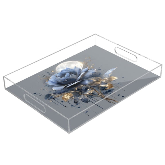 Acrylic Serving Tray 15.7x11.8 Inch Blue Rose with Gold Leaves Anti-Spill Decorative Tray with Handles, Countertop Storage Organizer for Kitchen Dining Restaurant Bathroom
