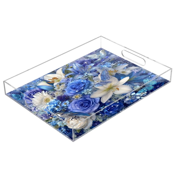 Acrylic Serving Tray 15.7x11.8 Inch Blue and White Crystal Roses Anti-Spill Decorative Tray with Handles, Countertop Storage Organizer for Kitchen Dining Restaurant Bathroom