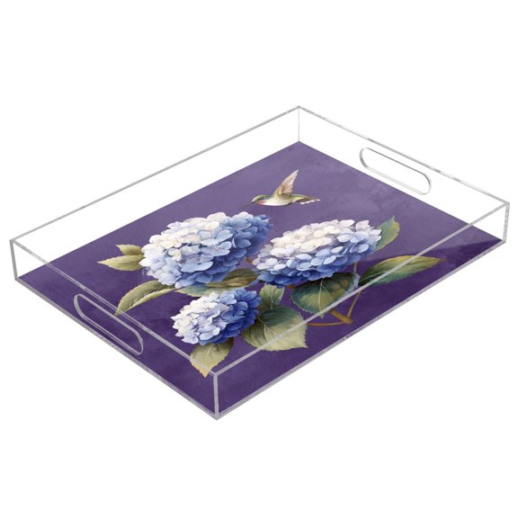 Acrylic Serving Tray 15.7x11.8 Inch Blue and White Hydrangeas Anti-Spill Decorative Tray with Handles, Countertop Storage Organizer for Kitchen Dining Restaurant Bathroom