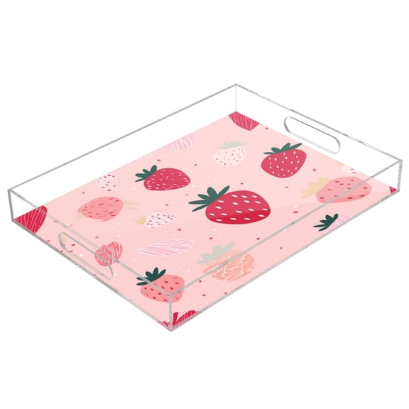 Acrylic Serving Tray 15.7x11.8 Inch Blush Pink Hand Drawn Strawberry Anti-Spill Decorative Tray with Handles, Countertop Storage Organizer for Kitchen Dining Restaurant Bathroom