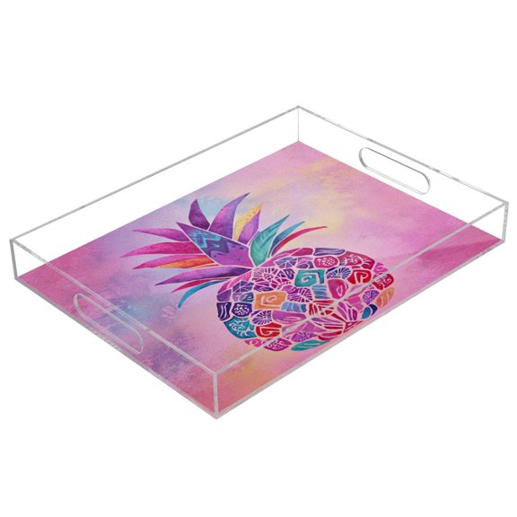 Acrylic Serving Tray 15.7x11.8 Inch Bohemian Pineapple Design Anti-Spill Decorative Tray with Handles, Countertop Storage Organizer for Kitchen Dining Restaurant Bathroom