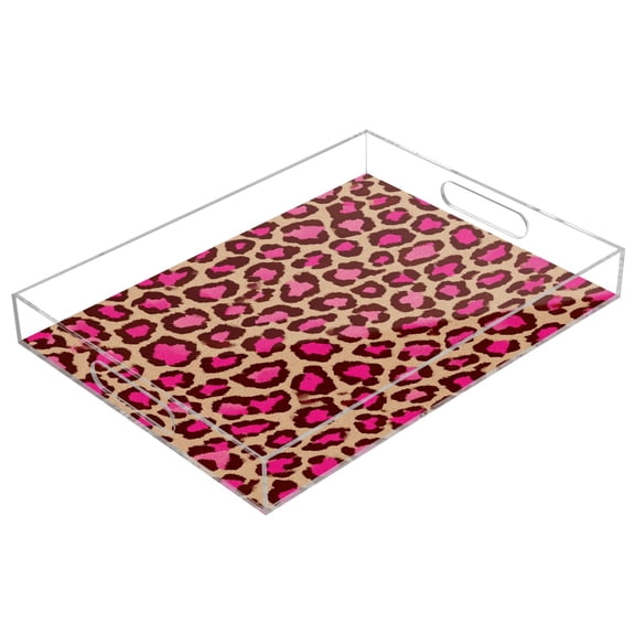 Acrylic Serving Tray 15.7x11.8 Inch Bold Pink Tan Leopard Pattern Anti-Spill Decorative Tray with Handles, Countertop Storage Organizer for Kitchen Dining Restaurant Bathroom
